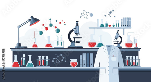 Laboratory Equipment and Scientist Workspace Illustration.