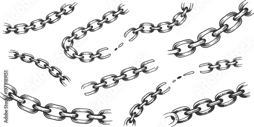Broken chain ink illustration black and white line art. Broken chain symbolizing freedom, liberation, and breaking limits.	