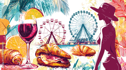 Vibrant Summer Vacation Scene with Ferris Wheel and Food.