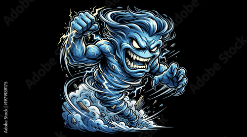 Blue tornado monster cartoon character with lightning stormy weather
