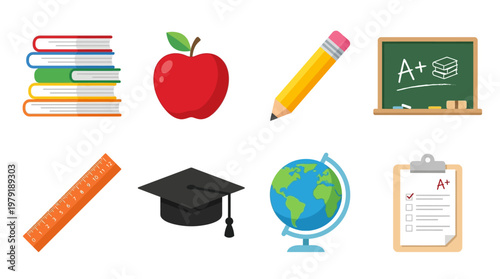 A vector set of educational icons including books, apple, pencil, chalkboard, ruler, graduation cap, globe, and clipboard, representing learning and academics in a classroom environment.