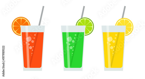 Refreshing colorful citrus soft drinks with orange, lime, and lemon slices and straws in transparent glasses isolated on white background