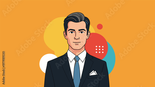 Handsome businessman portrait wearing a dark suit and blue tie against a colorful abstract geometric background for professional themes.