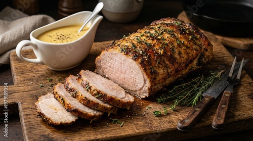 Juicy roasted pork loin with mustard sauce and fresh herbs on wooden board.