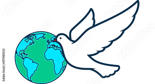 Illustration of a white dove carrying the Earth globe symbolizing peace, global unity, and environmental harmony on a white background