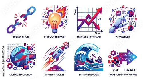 A vibrant vector set of business icons depicts innovation symbols and digital revolution elements in a modern graphic design.