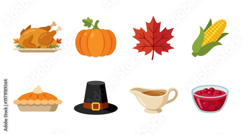 A colorful vector set of Thanksgiving icons including turkey, pumpkin, corn, leaf, pie, hat, gravy, and cranberry sauce on a white background.