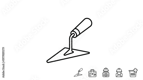 Minimalist black outline icon of a bricklayer trowel tool with a wooden handle for masonry and construction work related graphic design.