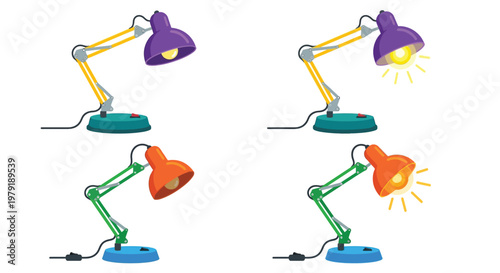 Four colorful desk lamps in various positions some illuminated
