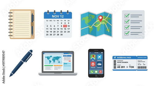 A vector set of travel planning icons including a notebook, calendar, map, laptop, phone, pen, and ticket on a clean background for organization and navigation purposes.