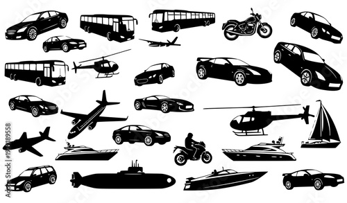 Vehicle silhouettes dynamic transport collection car airplane boat vector illustration
