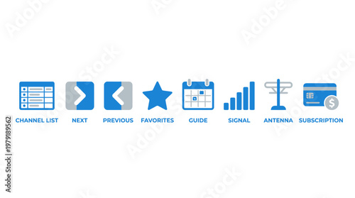 A vector set of modern business icons featuring a checklist, navigation buttons, star rating, calendar, bar chart, antenna tower, and truck, symbolizing business and communication tools.
