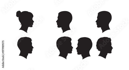 Black silhouette of people standing in a group showing unity and diversity in a minimalist design
