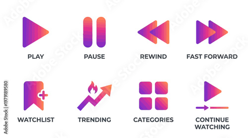 A colorful vector set of media control icons for play, pause, rewind, fast forward, and other playback functions on a digital interface.