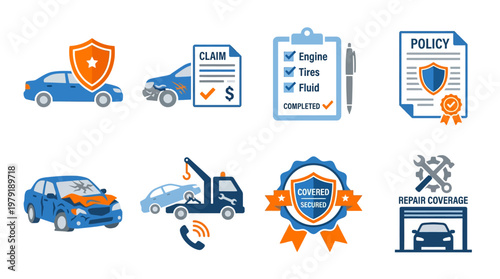 A comprehensive vector set of car insurance icons depicting various services and policies on a white background.