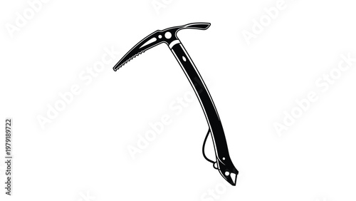Modern ice axe tool for mountain climbing and alpine expeditions shown in a detailed black and white illustration on a white background.