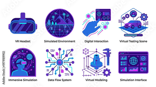 A vector set of icons depicting a virtual reality scene with immersive simulation, digital interaction, and virtual testing, showcasing a simulated environment, data flow system, and virtual modeling.