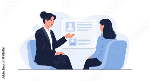 Business meeting: HR manager interviews candidate, reviewing resume on screen