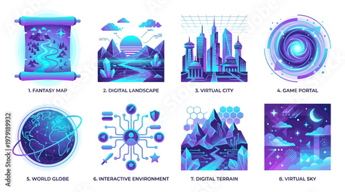 A vector set of futuristic virtual cityscapes and digital landscapes with neon lights and interactive environments showcasing a world globe and digital terrain.