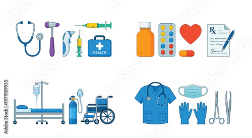 Collection of colorful medical equipment and healthcare symbols in a flat design