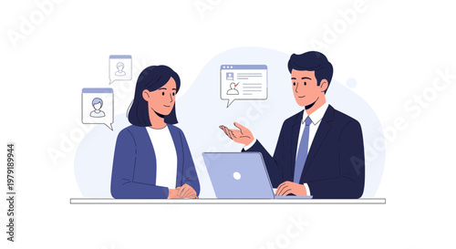 Business meeting: Man and woman discussing job candidates on laptop