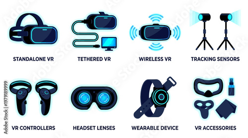 Vector set of various virtual reality devices and accessories on display.