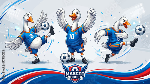 Goose mascot team playing soccer with balls in blue uniforms