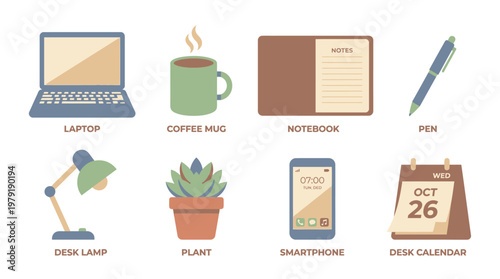 A vector set of office supplies and gadgets on a desk, including a laptop, coffee mug, notebook, pen, desk lamp, plant, smartphone, and desk calendar.