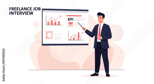 Businessman presenting KPI and charts during freelance job interview, business meeting concept