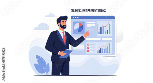 Businessman presenting online client data analysis on digital screen with charts