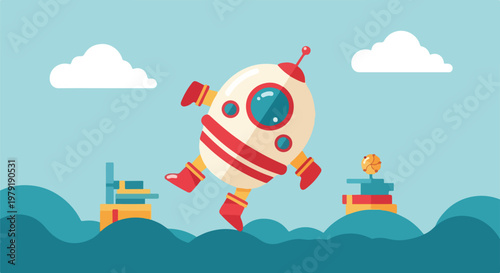 White Robot Character Flying in Air.