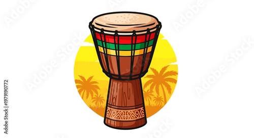 African Djembe Drum with Tropical Sunset and Palm Trees