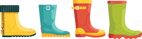 Vector illustration of four colorful rubber boots in different styles and designs