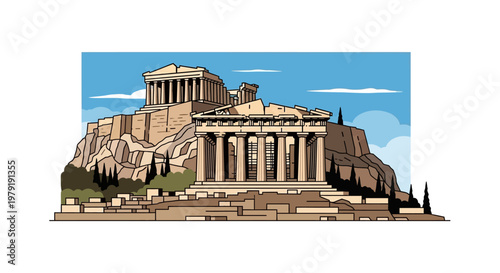 Ancient Greek Acropolis Athens Landmark Illustration