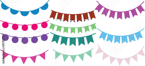 Colorful bunting flags and circular garlands set on white background