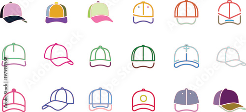 Collection of colorful baseball cap and line headwear