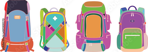 Four colorful backpacks for hiking and travel, isolated
