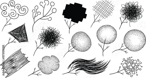 Hand-drawn tree crown with diverse textures and shapes