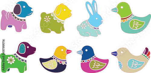 Set of colorful folk style animal figurines, dogs, rabbits, and birds