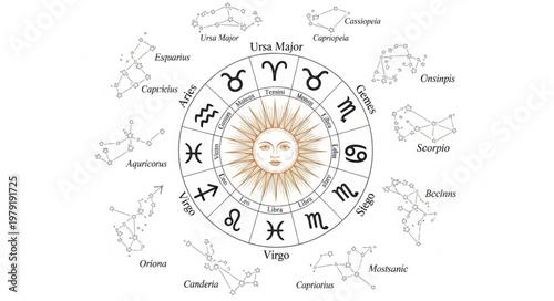 Astrology Zodiac Wheel with Sun and Constellations.