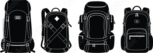 Set of four black backpack silhouettes with straps and zippers