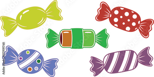 Set of five colorful wrapped candies with various patterns and