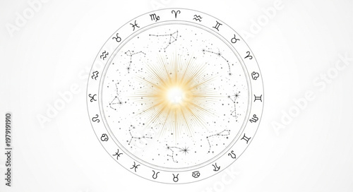 Astrology Zodiac Wheel with Sun and Stars.