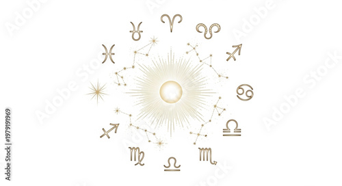 Astrology Zodiac Wheel with Sun and Stars.