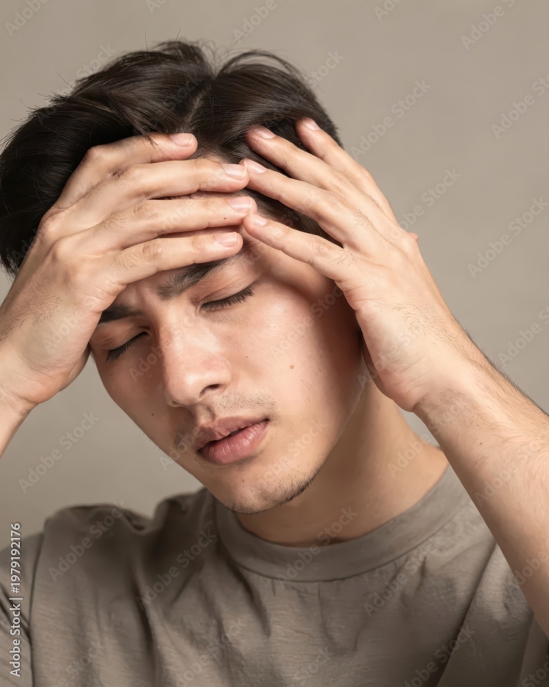 Fototapeta premium Young man touching temples with eyes closed in pain.