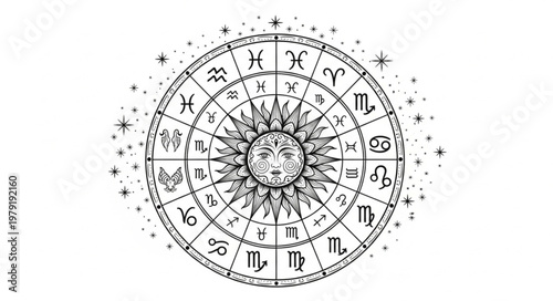Astrology Zodiac Wheel with Sun and Stars.