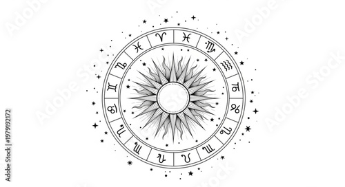 Astrology Zodiac Wheel with Sun and Stars.