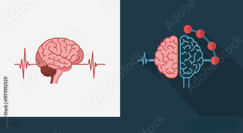 Brain illustration shows human mind with heartbeat and neurons firing