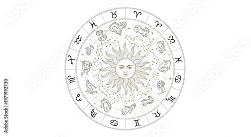 Astrology Zodiac Wheel Chart with Symbols and Constellations.