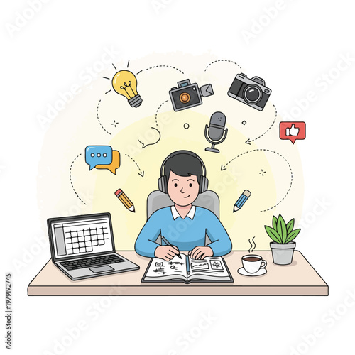 Woman Creating Content with Various Media Devices.